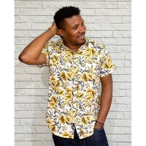 Denim & Flower Floral Medium‎ Yellow Hawaiian Shirt Short Sleeve Button-up